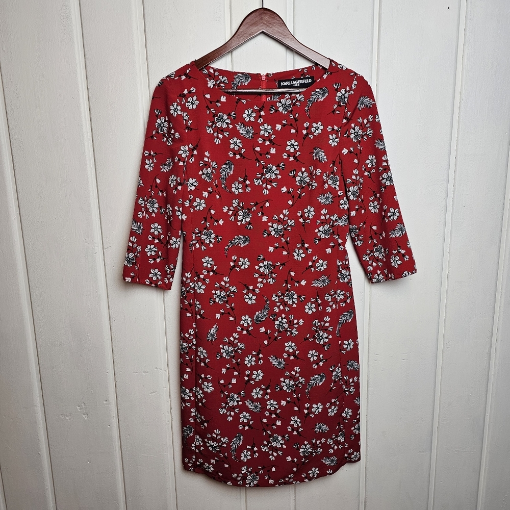 Karl Lagerfield Red White Floral Print 3/4 Sleeve Mini Dress Sz 2